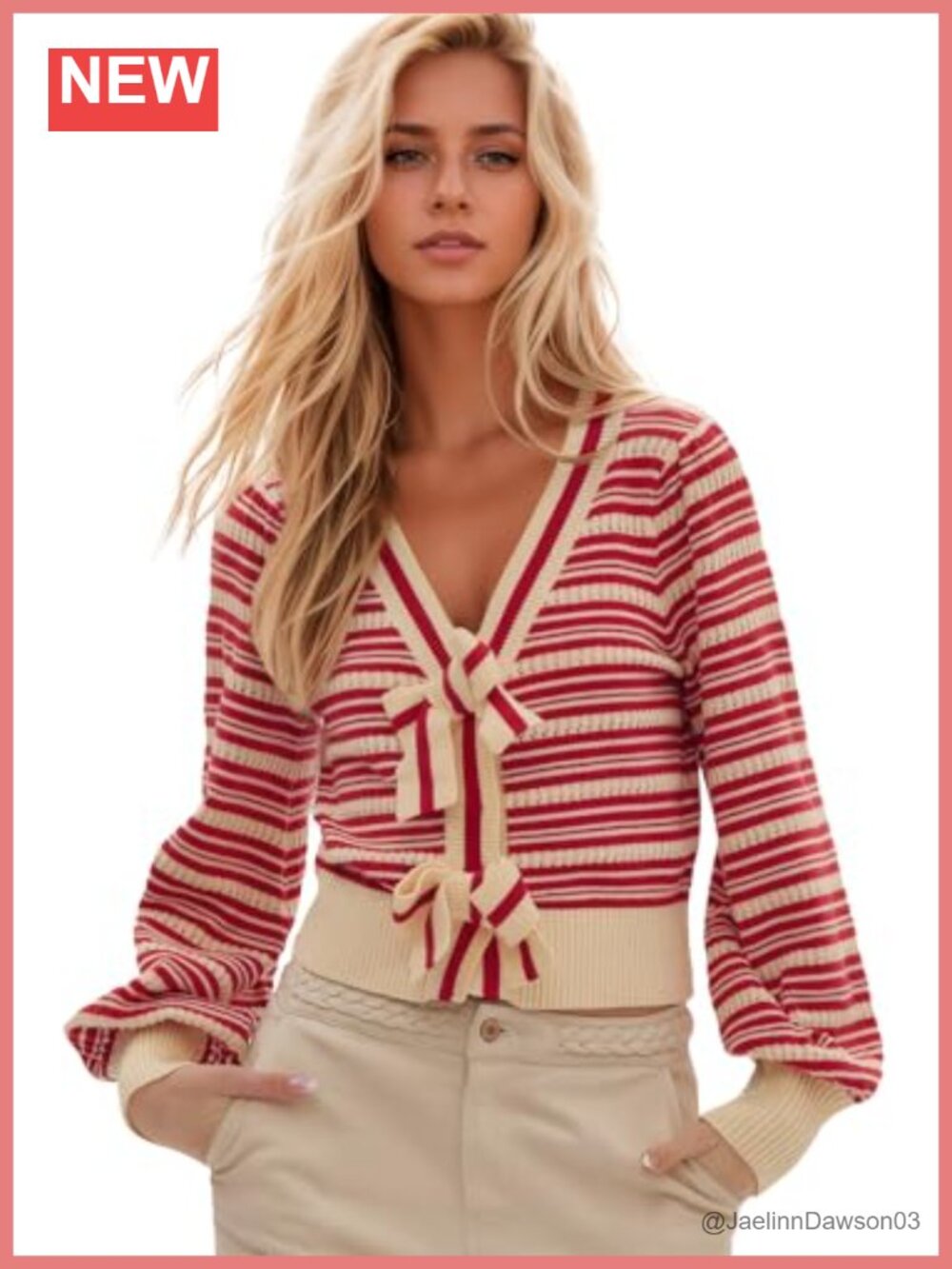 Striped Bow Sweater Cardigan V-Neck Snap Closure Long Sleeve Knit